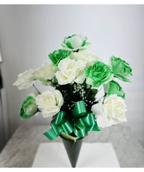 Green and White Silk Roses