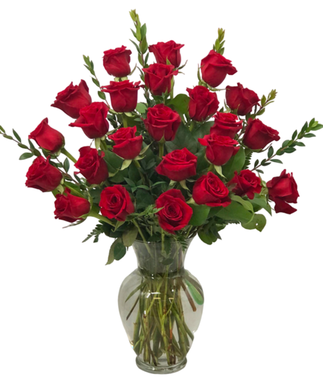 One dozen roses in your choice of color, with glass vase included. 