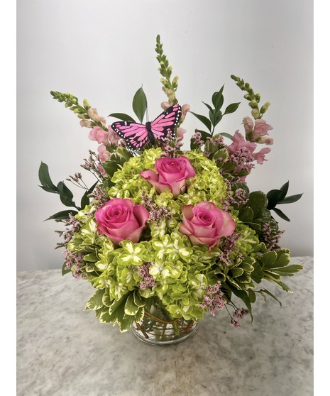 pink roses, green hydrangeas, and pink snapdragon in garden-style