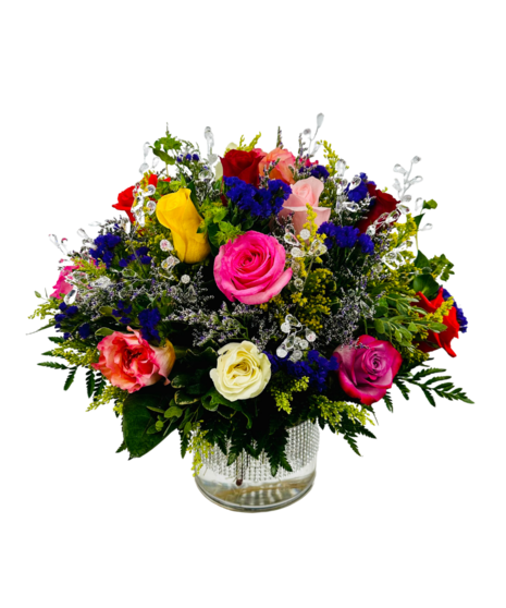 Assorted colored roses in a gem-studded vase