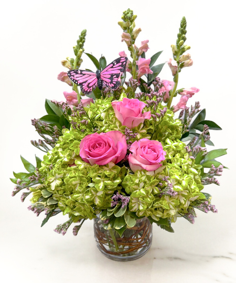 pink roses, green hydrangeas, and pink snapdragon in garden-style