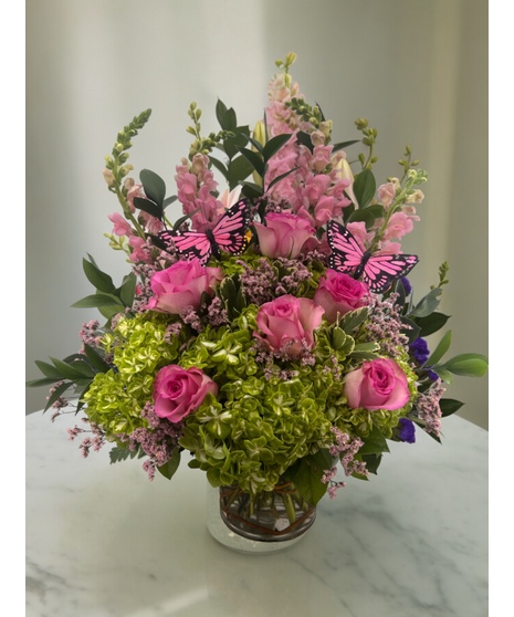 pink roses, green hydrangeas, and pink snapdragon in garden-style